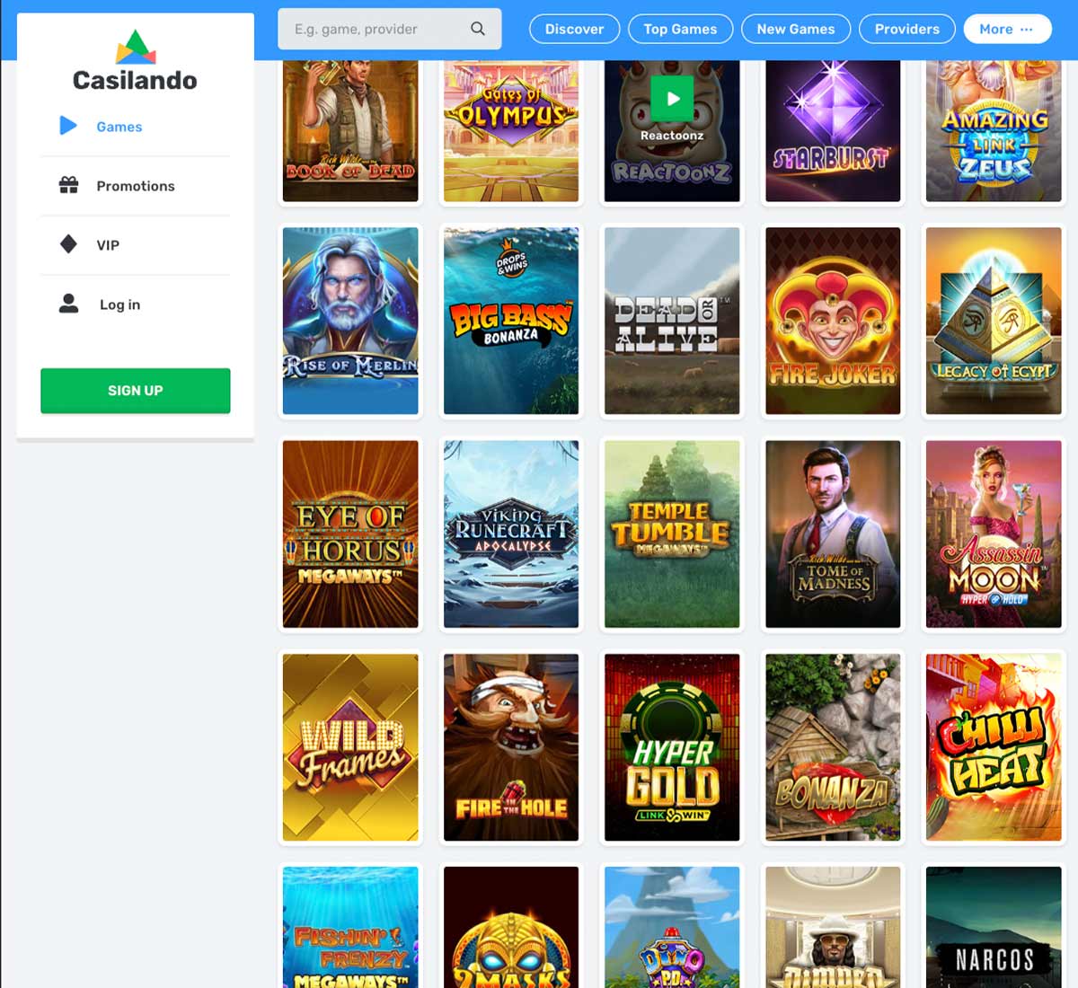 Casilando Casino desktop slots screenshot displaying full game library with categories, featured slots and filtering options on widescreen interface - tested