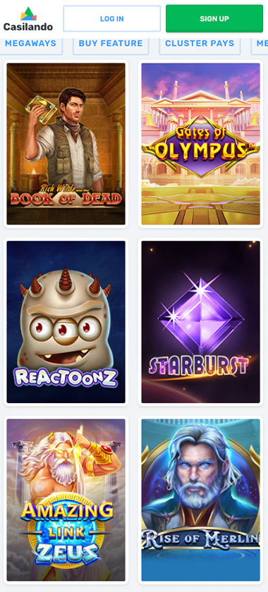 Casilando Casino mobile slots screenshot showing slot game library with featured titles, categories and navigation on smartphone interface - tested