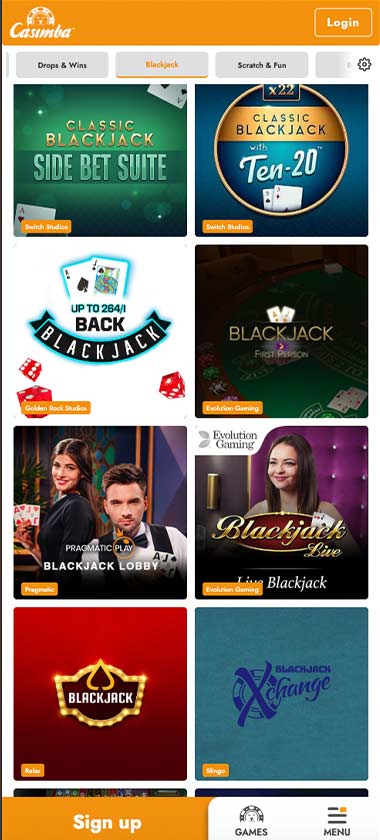 Casimba Casino mobile blackjack screenshot displaying blackjack tables, game variations and mobile-friendly betting interface - tested