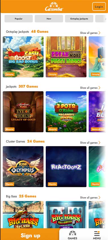 Casimba Casino mobile home page screenshot displaying main navigation, featured games and mobile-friendly interface - tested