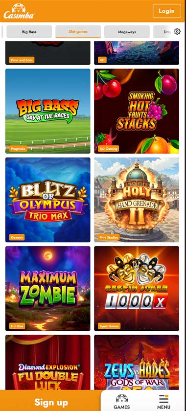 Casimba Casino mobile slots variety screenshot displaying featured slots, categories and touch-optimized navigation - tested