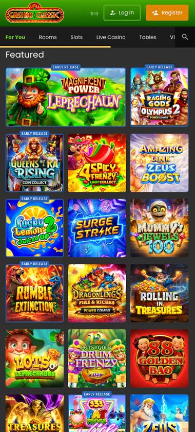 Casino Classic mobile home page screenshot displaying main navigation, featured games and mobile-friendly interface - tested