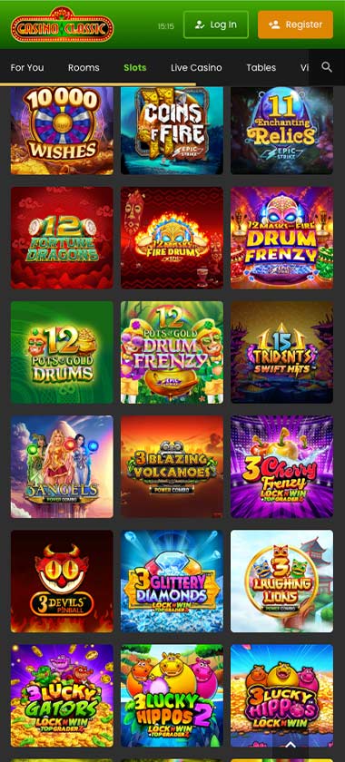Casino Classic mobile slots variety screenshot displaying featured slots, categories and touch-optimized navigation - tested