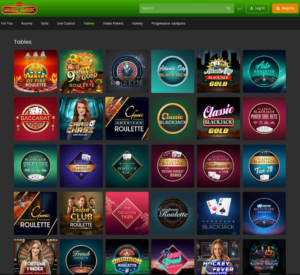 Casino Classic desktop table games collection screenshot showing various table games, categories and filtering options - tested Casino Classic desktop table games collection screenshot showing various table games, categories and filtering options - tested