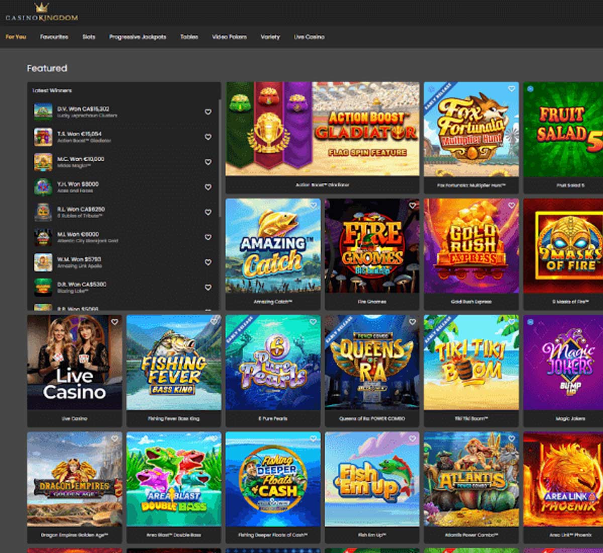 Casino Kingdom desktop home page screenshot showing main navigation, featured games and promotional banners - tested