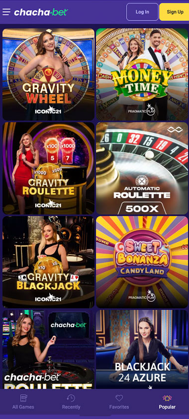 Chacha.bet Casino mobile live casino screenshot showing real-dealer tables including roulette, blackjack and baccarat with mobile interface layout - tested