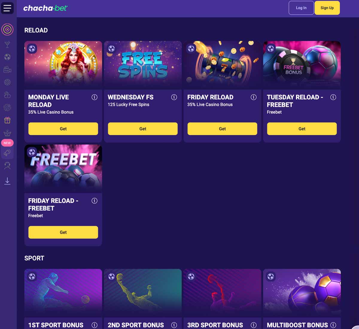 Chacha.bet Casino desktop promotions screenshot displaying active bonuses, special offers and promotional banners - tested