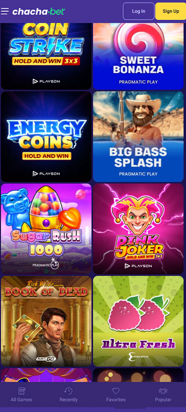 Chacha.bet Casino mobile slots screenshot showing slot game thumbnails, categories and featured titles in the mobile game lobby - tested