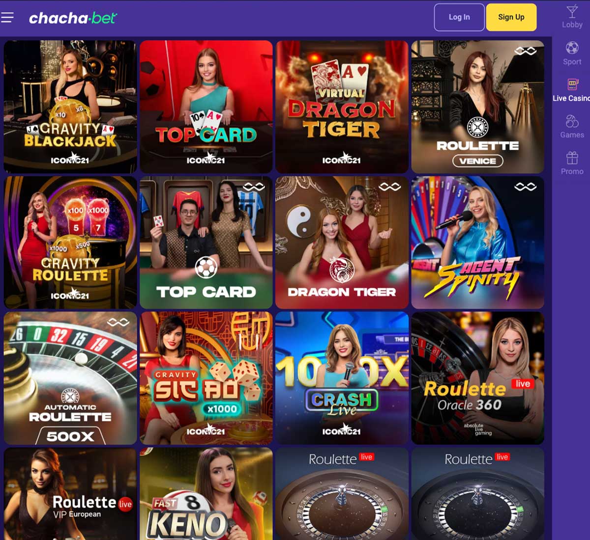 Chacha.bet Casino desktop live casino screenshot displaying real-dealer tables including roulette, blackjack and baccarat with lobby navigation - tested