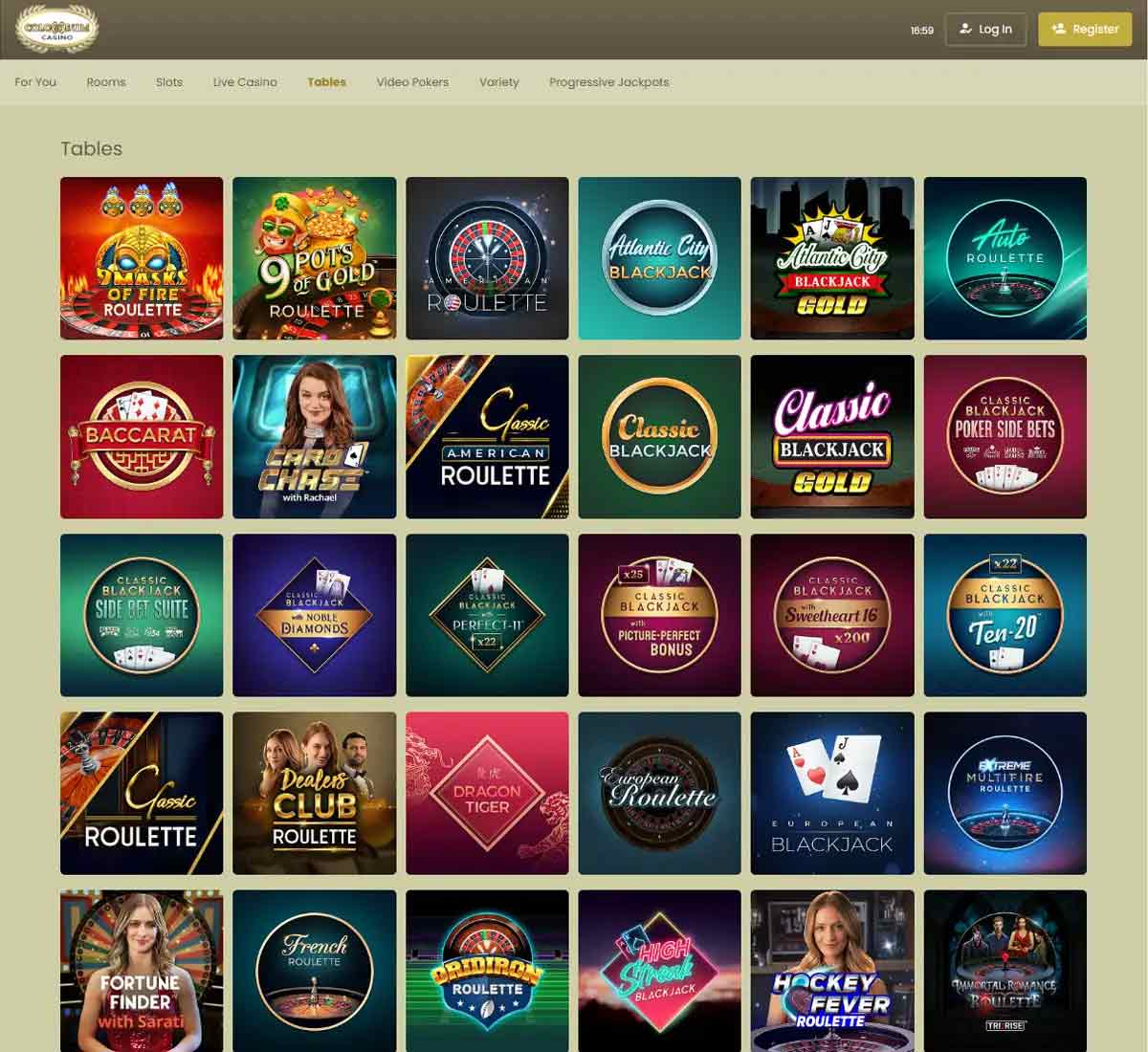 Colosseum Casino desktop table games collection screenshot showing various table games, categories and filtering options - tested