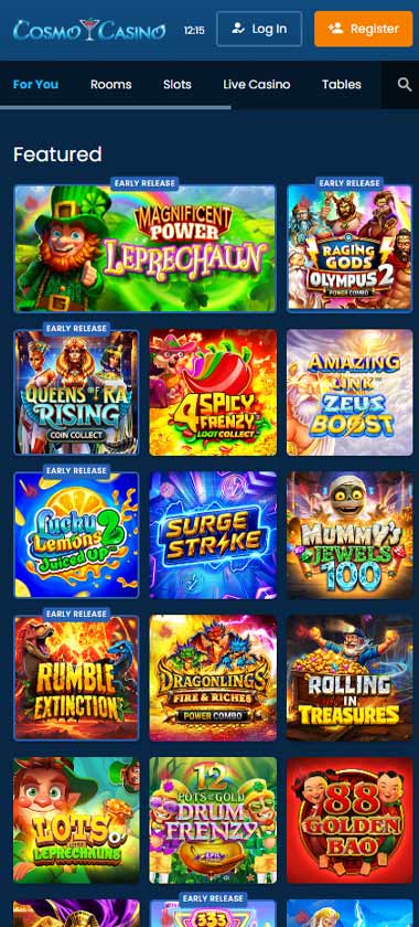 Cosmo Casino mobile personalized recommendations screenshot displaying customized game suggestions and mobile-friendly interface - tested