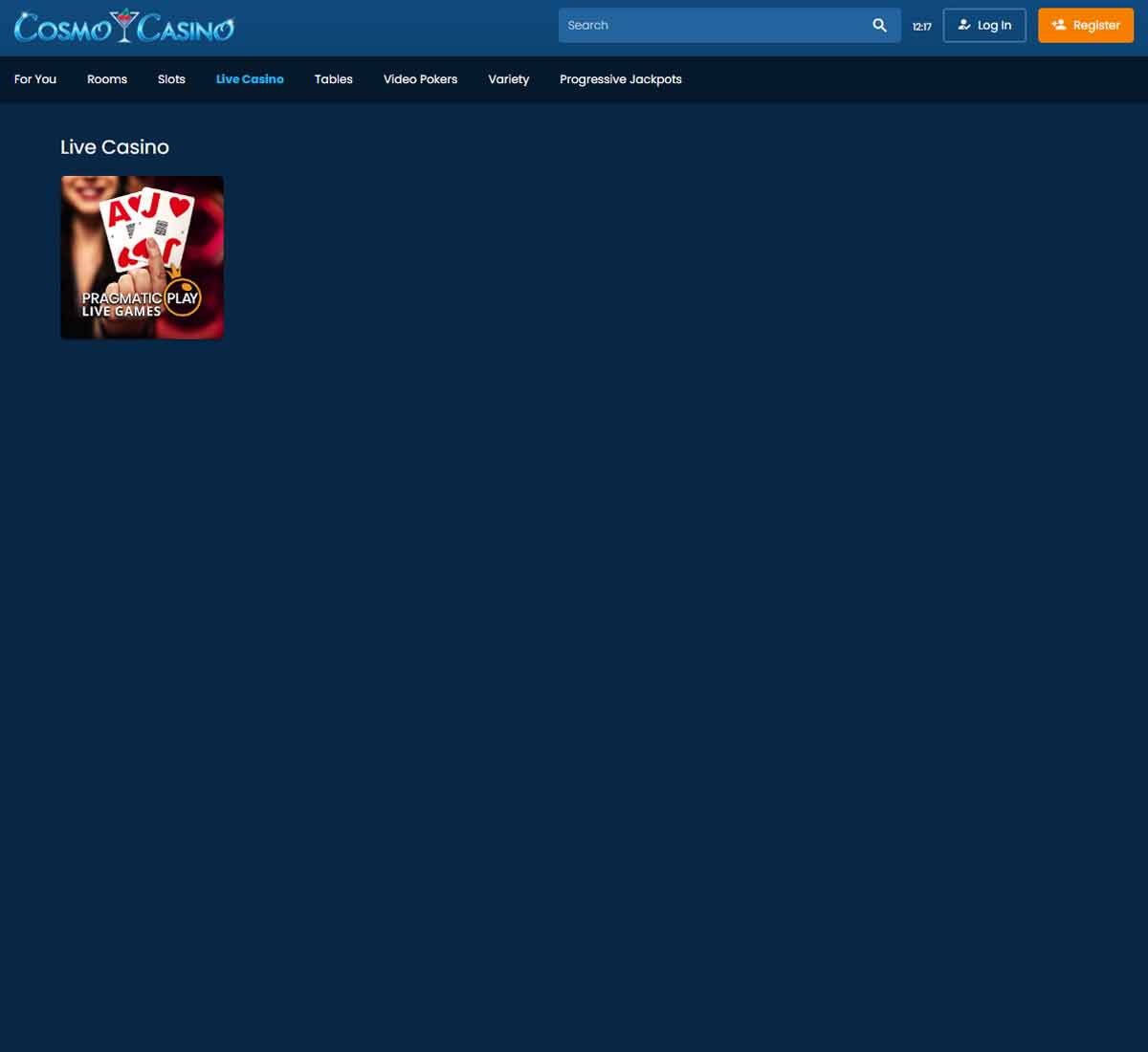 Cosmo Casino desktop live dealer games collection screenshot showing roulette, blackjack and baccarat tables in lobby view - tested Cosmo Casino desktop live dealer games collection screenshot showing roulette, blackjack and baccarat tables in lobby view - tested