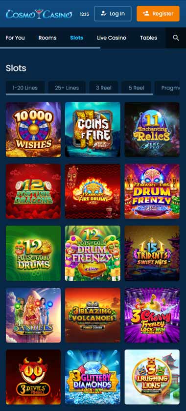 Cosmo Casino mobile slots variety screenshot displaying featured slots, categories and touch-optimized navigation - tested