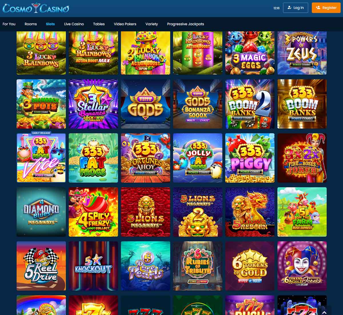 Cosmo Casino desktop slots variety screenshot showing multiple slot categories, featured games and provider filters - tested