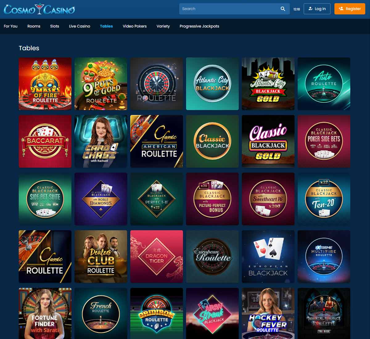 Cosmo Casino desktop table games collection screenshot showing various table games, categories and filtering options - tested Cosmo Casino desktop table games collection screenshot showing various table games, categories and filtering options - tested