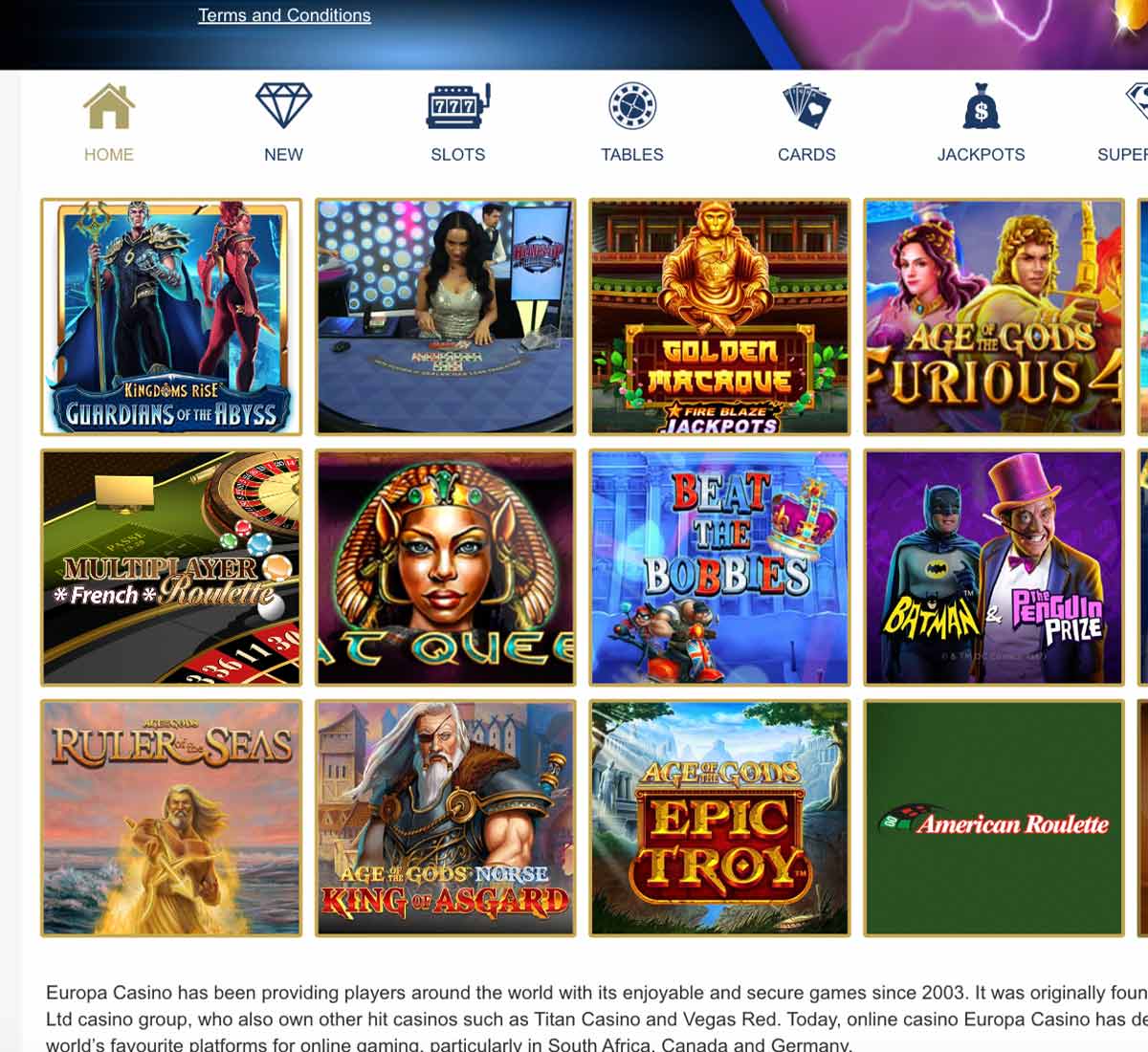 Europa Casino desktop home page screenshot showing main navigation, featured games and promotional banners - tested
