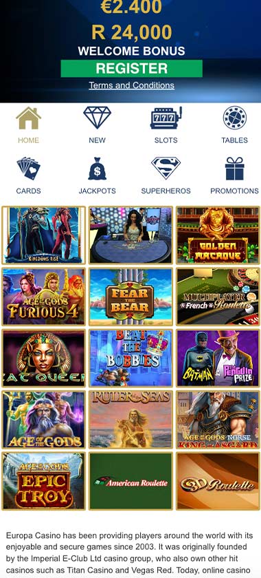 Europa Casino mobile home page screenshot displaying main navigation, featured games and mobile-friendly interface - tested