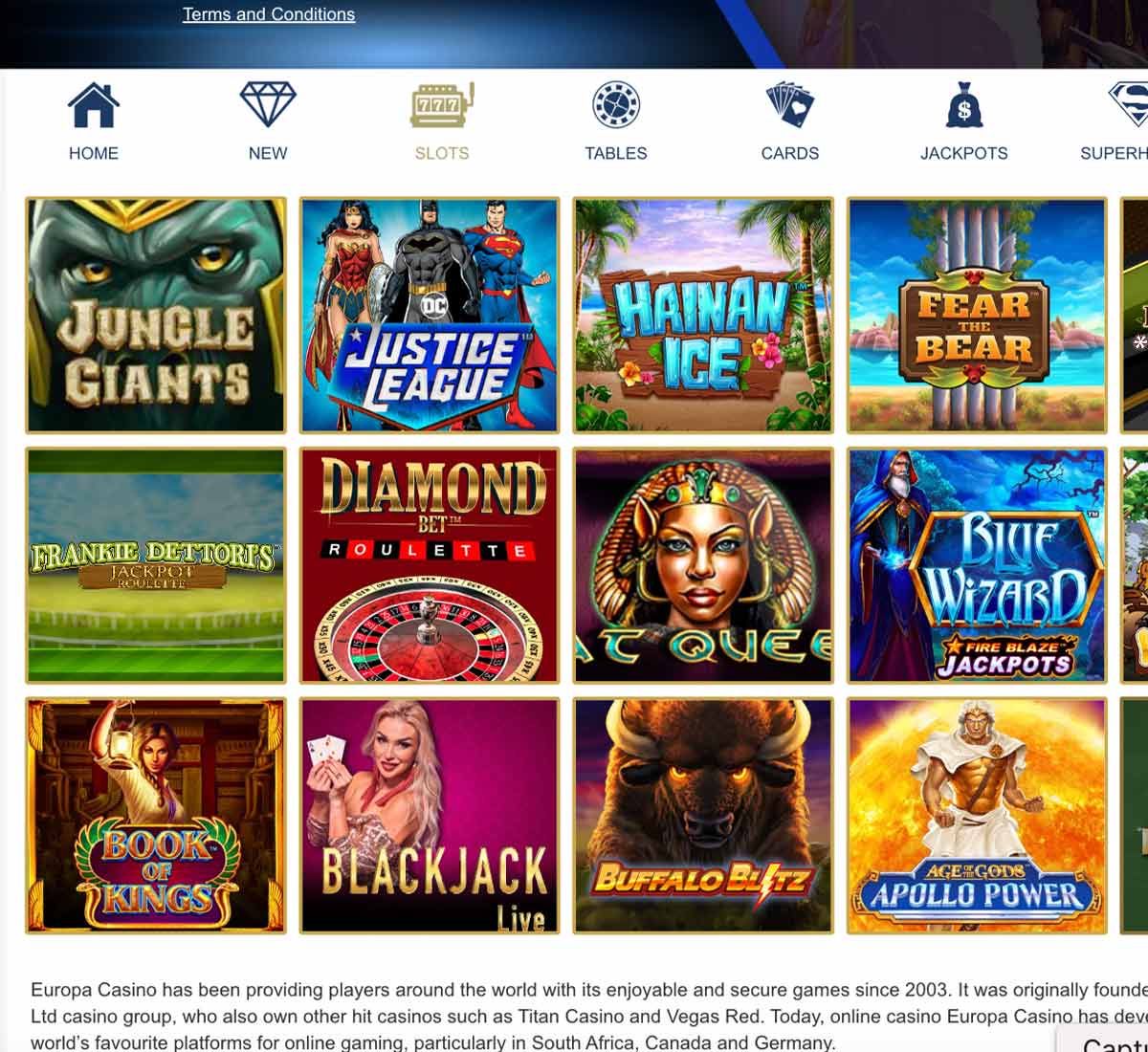 Europa Casino desktop slots variety screenshot showing multiple slot categories, featured games and provider filters - tested Europa Casino desktop slots variety screenshot showing multiple slot categories, featured games and provider filters - tested