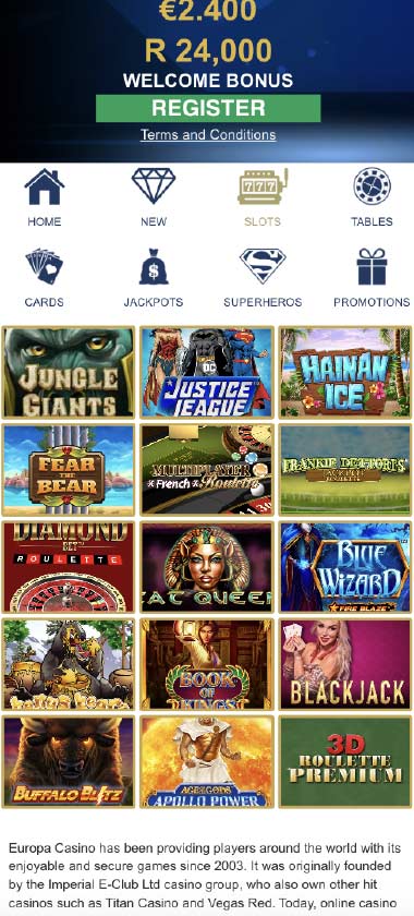 Europa Casino mobile slots variety screenshot displaying featured slots, categories and touch-optimized navigation - tested