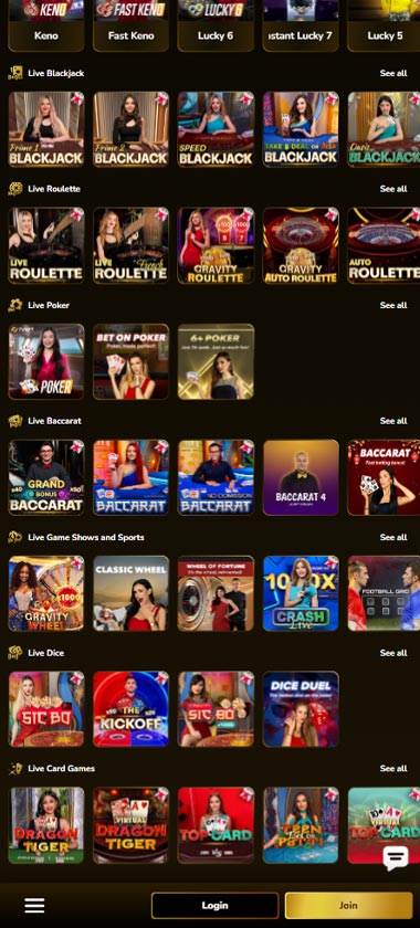 GW Casino mobile live casino screenshot showing live dealer tables, game thumbnails and lobby interface on smartphone - tested
