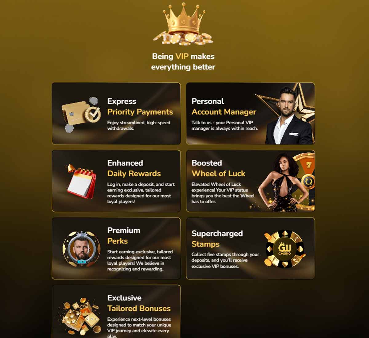 GW Casino desktop VIP section screenshot showing loyalty rewards, VIP levels and exclusive bonuses within the program interface - tested