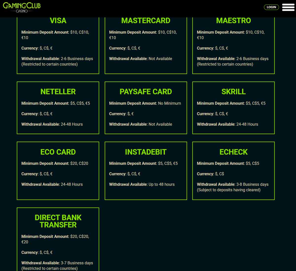 Gaming Club Casino desktop banking options screenshot displaying available deposit and withdrawal methods including cards, e-wallets and cryptocurrencies - tested