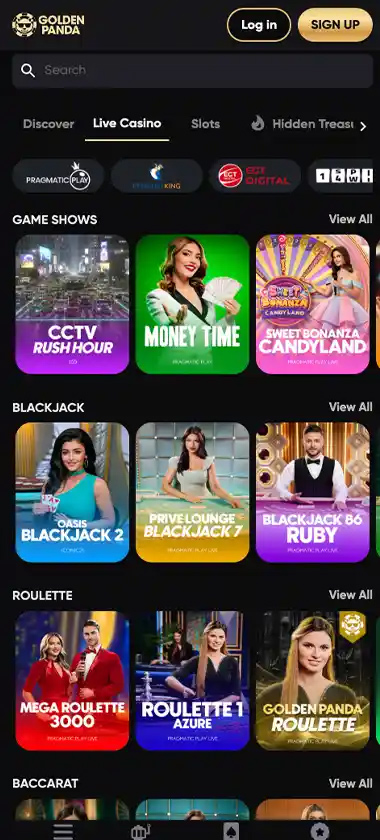 Golden Panda Casino mobile live casino screenshot showing live dealer tables, game thumbnails and lobby interface on smartphone - tested