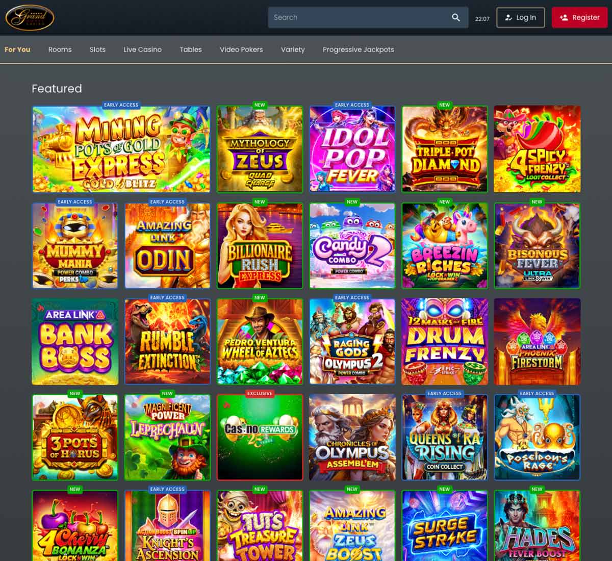 Grand Hotel Casino desktop homepage screenshot showing hero banners, navigation menu, featured games and promotional sections on the main landing page - tested