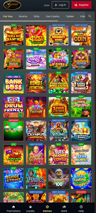 Grand Hotel Casino mobile homepage screenshot showing hero banners, navigation menu, featured games and promotional sections on smartphone interface - tested
