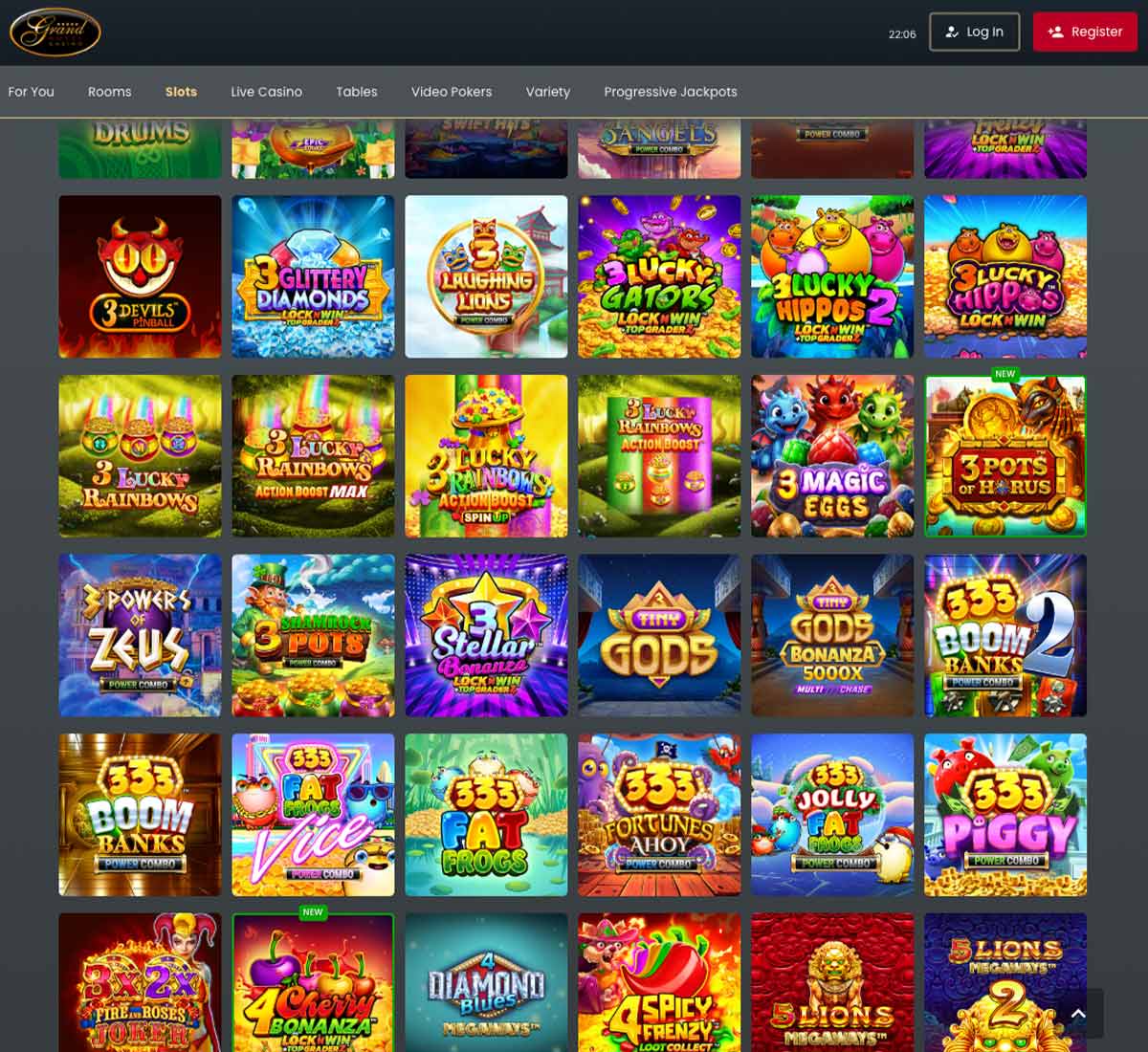 Grand Hotel Casino desktop slots screenshot displaying full game library with categories, featured slots and filtering options on widescreen interface - tested