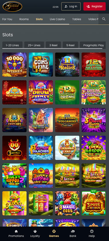 Grand Hotel Casino mobile slots screenshot showing slot game library with featured titles, categories and navigation on smartphone interface - tested