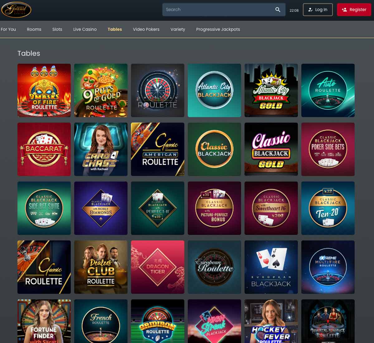 Grand Hotel Casino desktop table games screenshot displaying blackjack, roulette and other table games with categories and filtering options on widescreen interface - tested