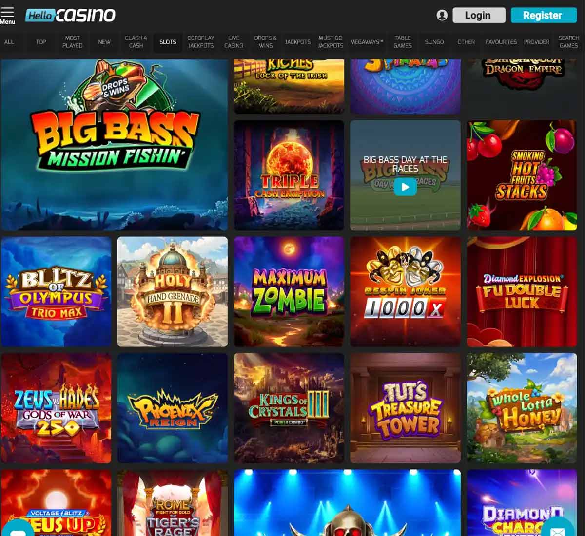 Hello Casino desktop slots screenshot displaying full game library with categories, featured slots and filtering options on widescreen interface - tested