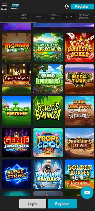 Hello Casino mobile slots screenshot showing slot game library with featured titles, categories and navigation on smartphone interface - tested