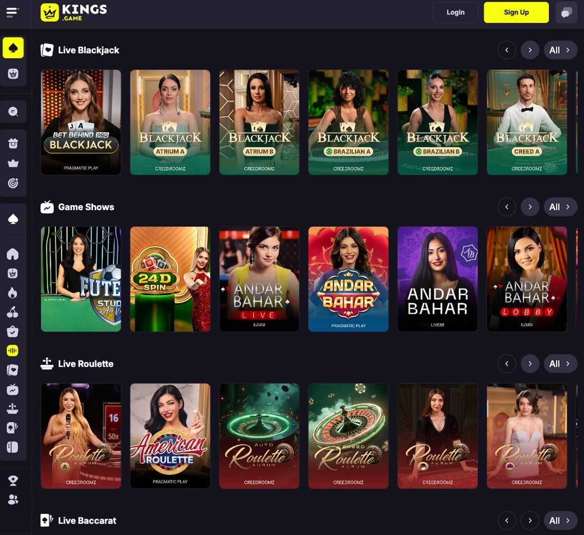 KingsGame Casino desktop live casino games collection - captured during our review