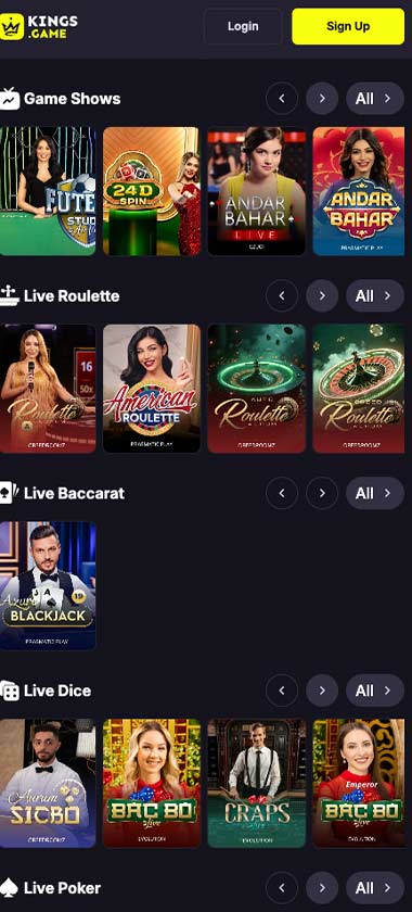 KingsGame Casino mobile live casino games collection screenshot displaying available live tables and categories – tested