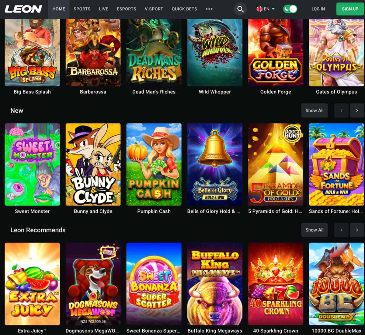 Leon Casino desktop homepage screenshot showing hero banners, navigation menu, featured games and promotional sections on the main landing page - tested Leon Casino desktop homepage screenshot showing hero banners, navigation menu, featured games and promotional sections on the main landing page - tested