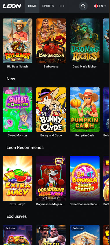 Leon Casino mobile homepage screenshot showing hero banners, navigation menu, featured games and promotional sections on smartphone interface - tested
