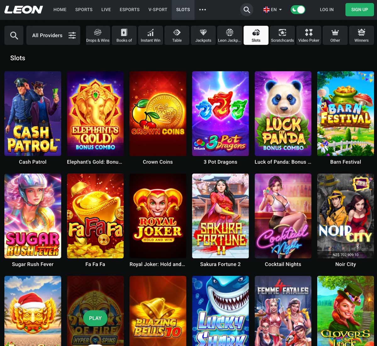 Leon Casino desktop slots screenshot displaying full game library with categories, featured slots and filtering options on widescreen interface - tested Leon Casino desktop slots screenshot displaying full game library with categories, featured slots and filtering options on widescreen interface - tested