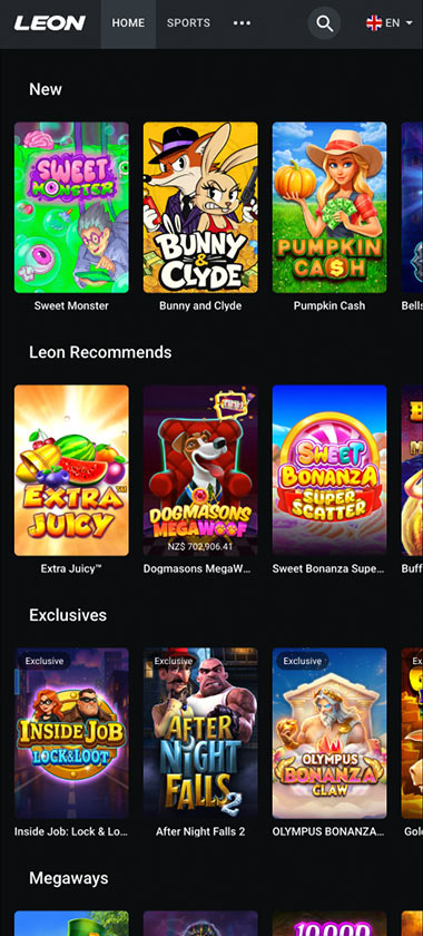 Leon Casino mobile slots screenshot showing slot game library with featured titles, categories and navigation on smartphone interface - tested