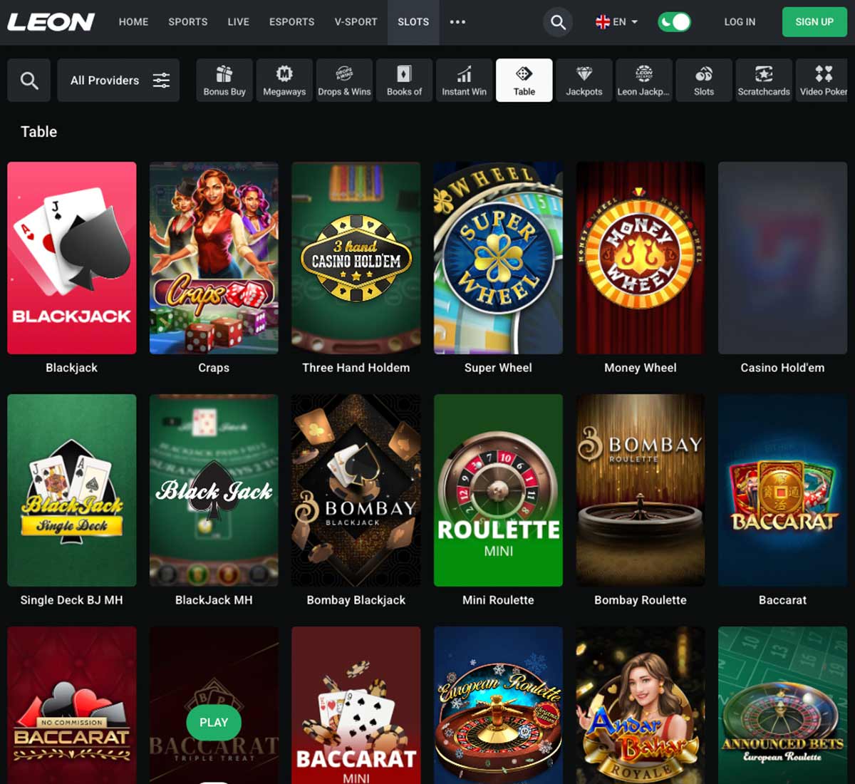 Leon Casino desktop table games screenshot displaying blackjack, roulette and other table games with categories and filtering options on widescreen interface - tested