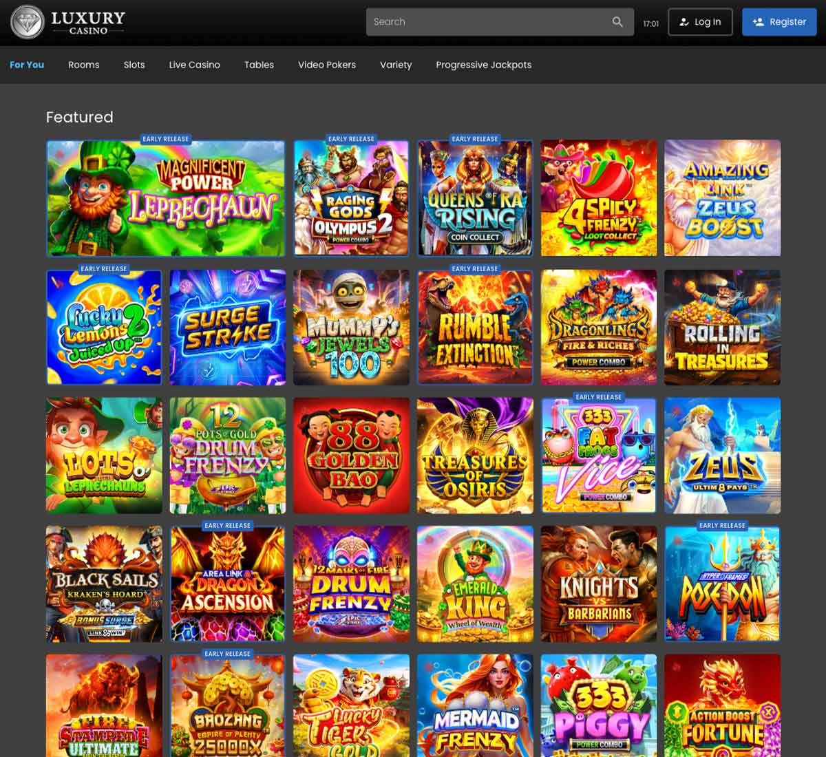 Luxury Casino desktop home page screenshot showing main navigation, featured games and promotional banners - tested