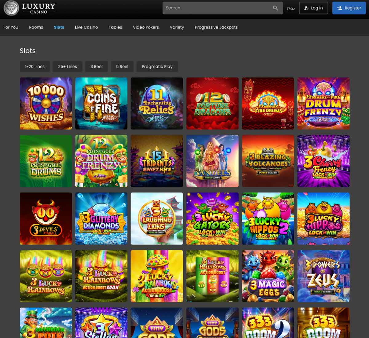Luxury Casino desktop slots variety screenshot showing multiple slot categories, featured games and provider filters - tested
