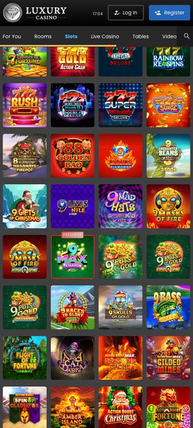 Luxury Casino mobile slots variety screenshot displaying featured slots, categories and touch-optimized navigation - tested