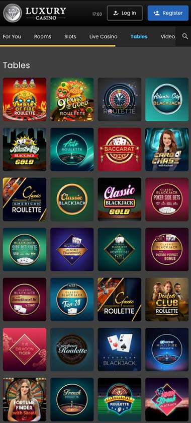 Luxury Casino mobile table games collection screenshot displaying available table games and mobile-friendly navigation - tested