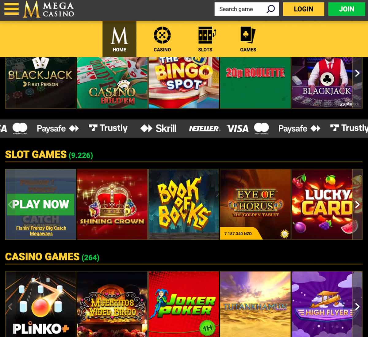 Mega Casino desktop homepage screenshot showing hero banners, navigation menu, featured games and promotional sections on the main landing page - tested