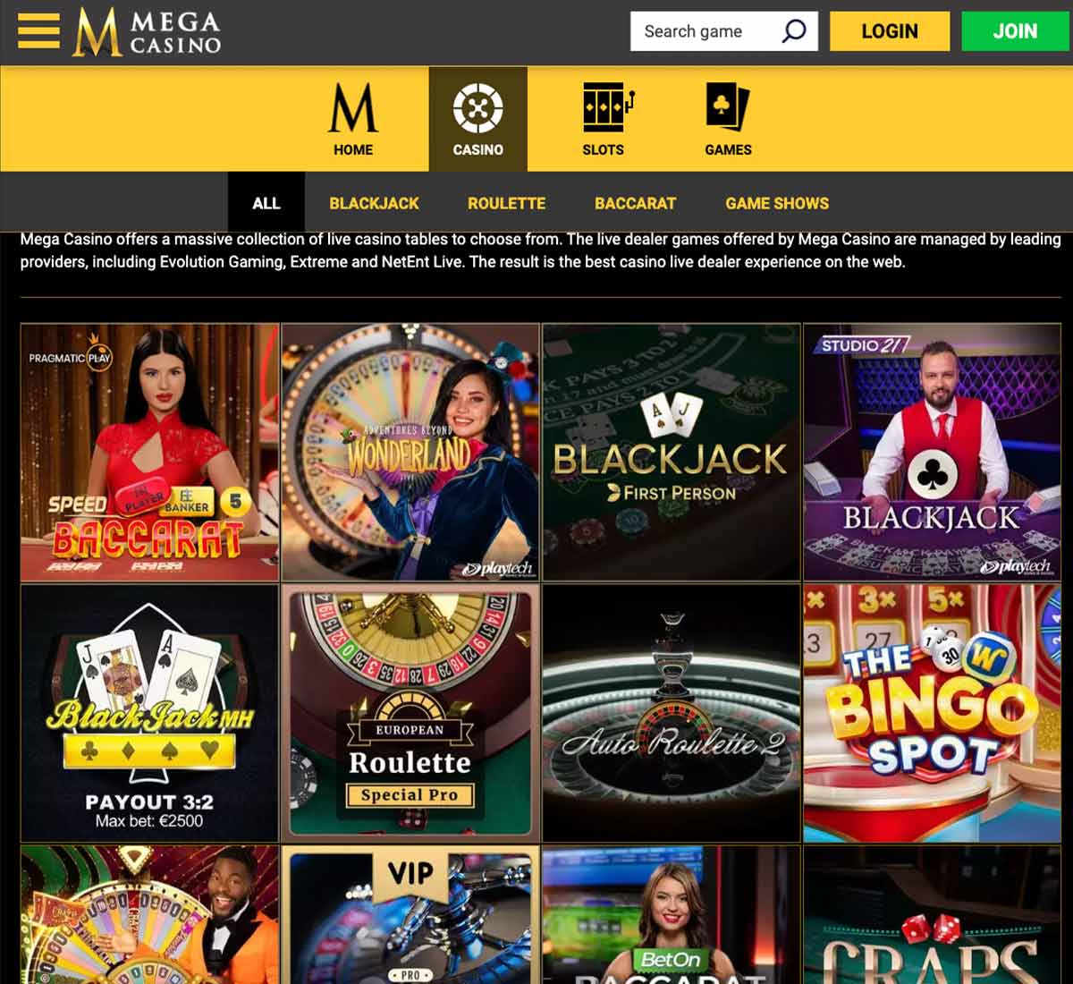 Mega Casino desktop live casino screenshot displaying live dealer tables, game selection and streaming interface on widescreen layout - tested