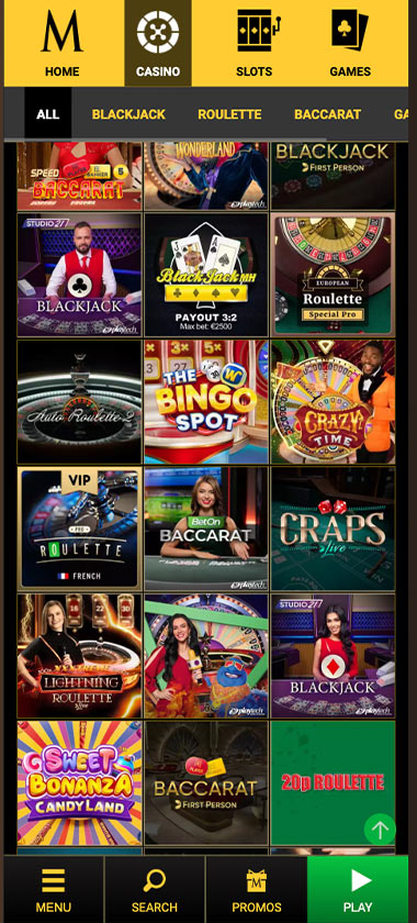 Mega Casino mobile live casino screenshot showing live dealer tables, game thumbnails and lobby interface on smartphone - tested