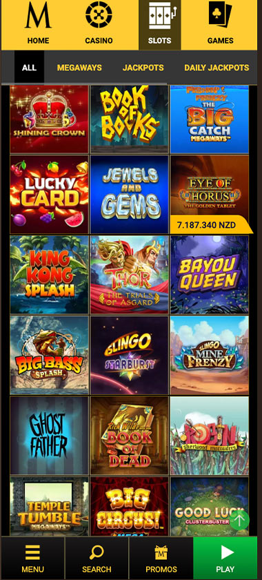 Mega Casino mobile slots screenshot showing slot game library with featured titles, categories and navigation on smartphone interface - tested