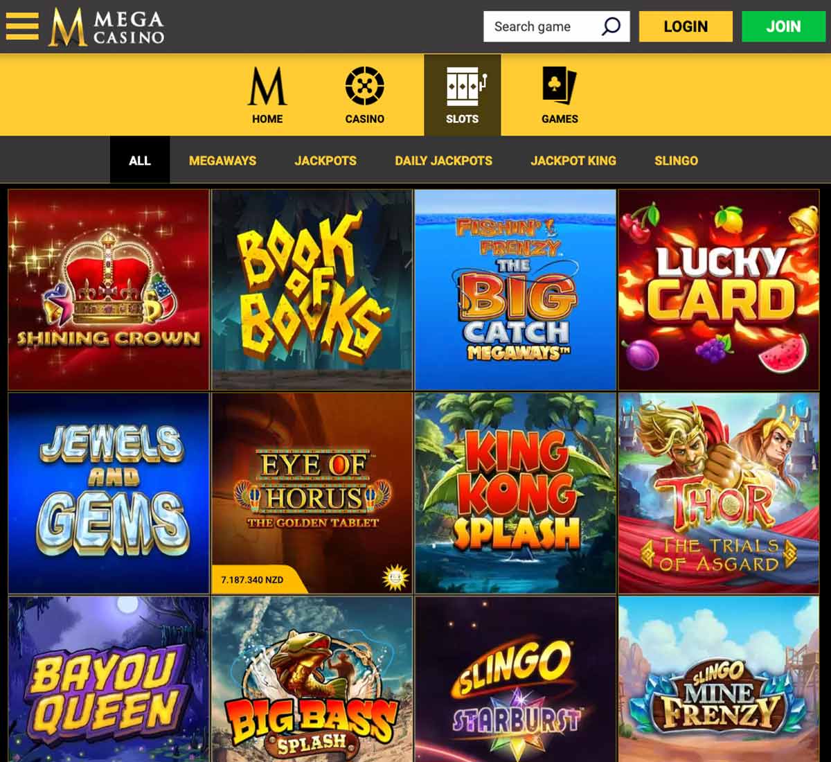 Mega Casino desktop slots screenshot displaying full game library with categories, featured slots and filtering options on widescreen interface - tested
